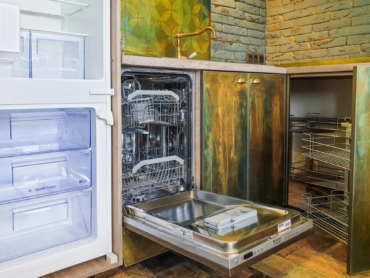Empty kitchen dishwasher in a rustic-style kitchen.