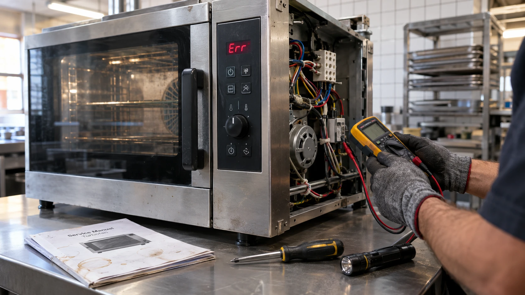 Technician testing a Blue Seal Turbofan convection oven showing an error code on the control panel