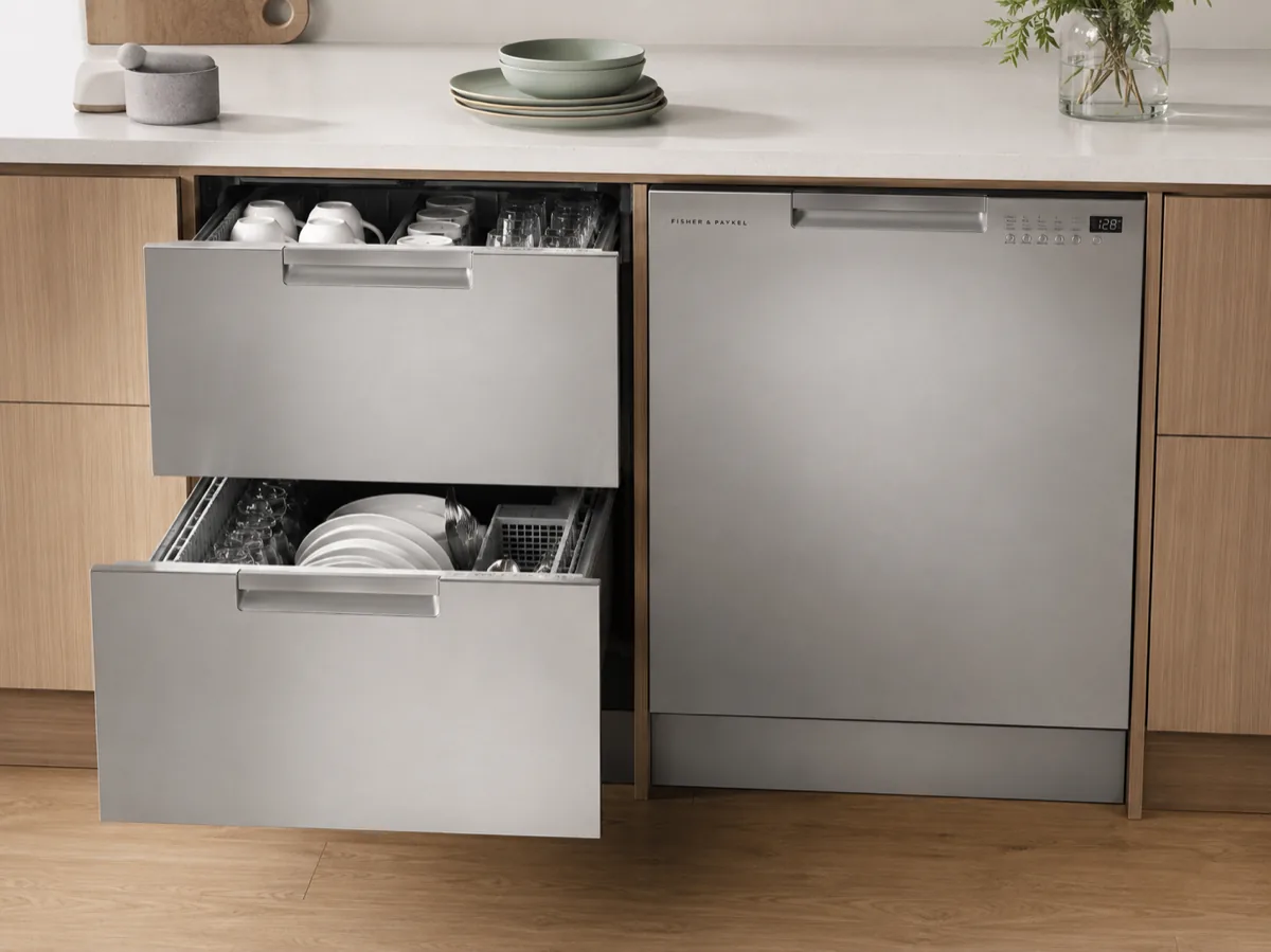 Fisher & Paykel dishdrawer built into wooden cabinetry.